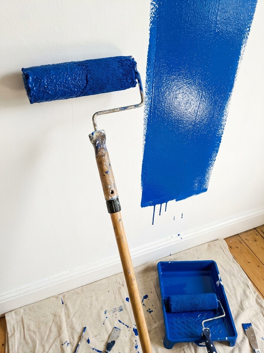 Farbroller mit frischem blauen Anstrich